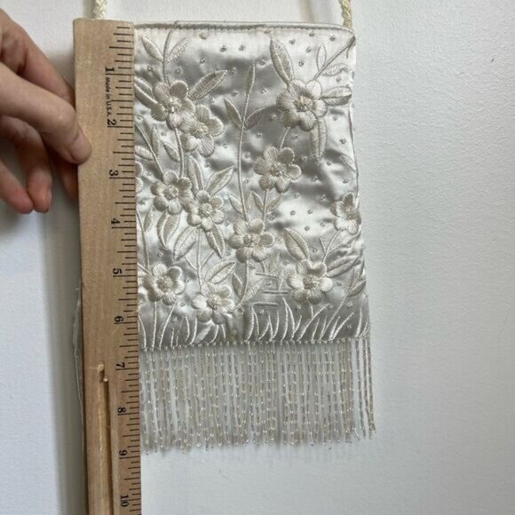Vintage Handmade White Beaded Floral Fringe Boho Crossbody Bag Purse Bridal - Picture 5 of 16
